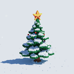A pixelated Christmas tree covered in snow, adorned with a star and ornaments, stands in a snowy landscape.