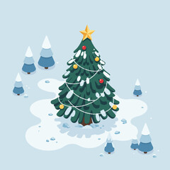 A decorated Christmas tree with ornaments, lights, and star, surrounded by snow and smaller trees.