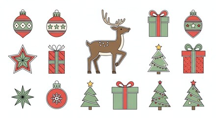 cute reindeer and christmas decorations vector set