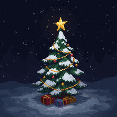 Pixelated Christmas tree covered in snow, adorned with ornaments and a star, with gifts underneath on a snowy night.