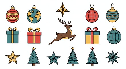 vibrant christmas elements collection: gift boxes, ornaments, and stars