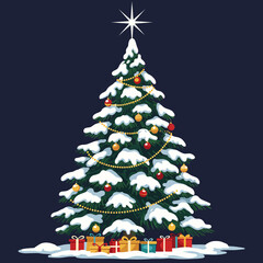 A festive Christmas tree covered in snow, decorated with ornaments and presents.