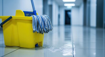 A yellow bucket with a mop sits on a wet tiled floor in a hallway, suggesting cleaning in progress.