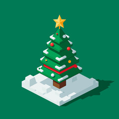 Isometric Christmas tree with snow, red ribbon, ornaments, and a gold star on a green background.