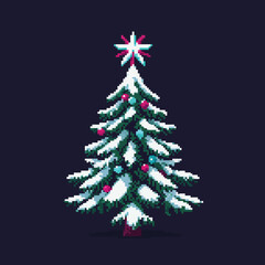 Pixelated Christmas tree covered in snow, decorated with ornaments, and topped with a star.