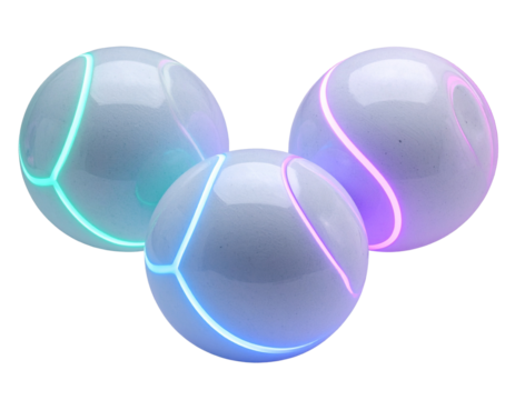 Floating Ceramic Glow Spheres Trio with Neon Rim Highlights, Dynamic Motion, Transparent Background