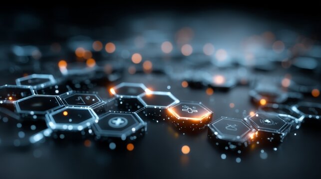 Abstract futuristic digital network of glowing hexagons with data symbols and bokeh lights.