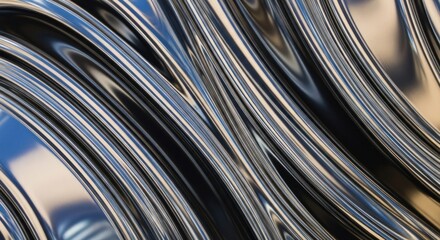 Abstract close-up of flowing, reflective, metallic, wavy lines with light and shadow.