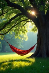 Serene Summer Relaxation Hammock Swaying Gently Beneath a Sprawling Oak Tree in dappled sunlight.  Perfect for peaceful escapes and unwinding in natures tranquility.