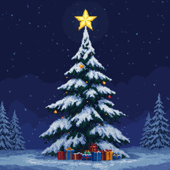 Pixelated Christmas tree covered in snow, topped with a golden star, presents below.