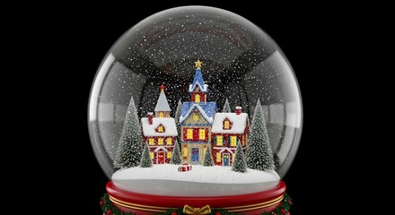 isolated 3D snow globe with colorful christmas village inside on black background