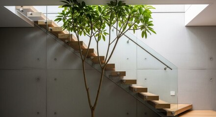 Interior view of a modern staircase with a growing tree.