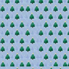 Seamless pattern of pixelated Christmas trees with yellow stars on top, arranged on a light blue background with snowy details.