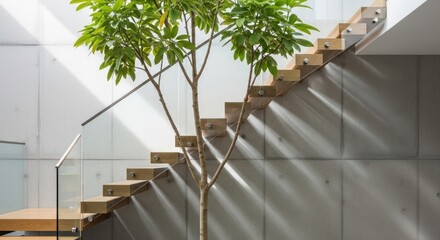 Interior view of a modern building featuring a staircase with wooden steps and a young tree growing near the base.