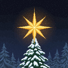 Pixelated Christmas tree topped with a bright golden star, set against a snowy, dark blue night sky.