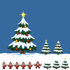 Pixelated Christmas scene featuring snowy trees, Santa figures, and festive decorations.