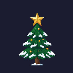 Pixel art illustration of a Christmas tree decorated with a star and ornaments, covered in snow, against a dark background.