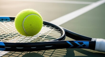 Close-up of a tennis ball resting on a tennis racket on a green court surface.