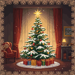 A festive Christmas scene featuring a decorated tree, gifts, and cozy interior.
