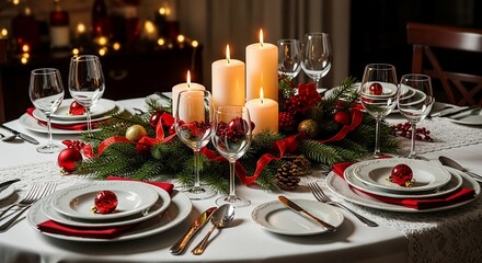 elegant christmass dinner table setting with lit candles and festive centerpiece