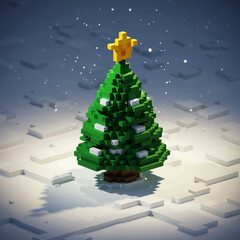 A pixelated Christmas tree with a golden star on top, surrounded by snow.