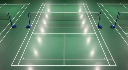Aerial view of multiple badminton courts, ready for play, with nets and lines.