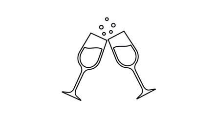 Two Champagne Glasses Toasting with Bubbles Line Art.
