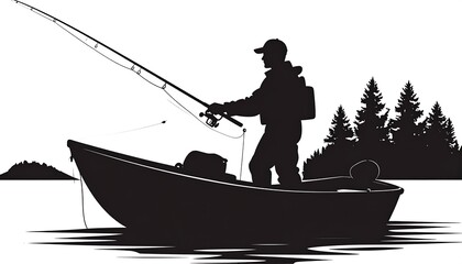 Silhouette of a fisherman in a boat casting a fishing rod on the lake.