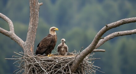 An adult eagle and chick perched in a nest, observing the surroundings.