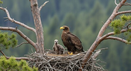 An adult eagle perched on a branch next to its nest, with a young eaglet visible in the nest, against a forest background.