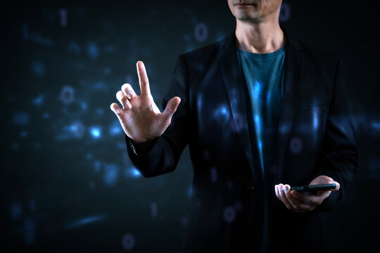 Man using smartphone with digital binary code background, representing mobile technology, data transfer, and secure communication in the digital era. Perfect for cybersecurity and tech concepts.