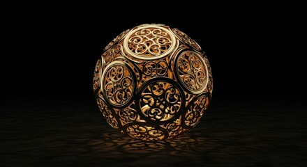 Ornate golden sphere with intricate filigree patterns, casting light and shadows on a dark reflective surface.