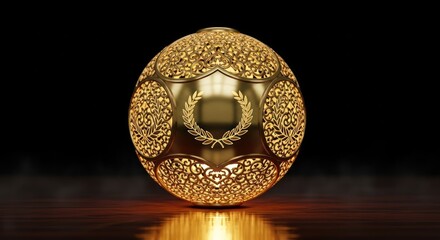 A golden, ornate soccer ball with laurel wreath detail, set against a dark background.