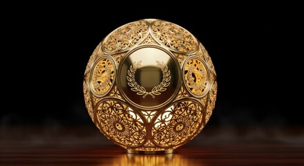 Ornate golden sphere with intricate floral and laurel wreath designs, resting on a dark surface.