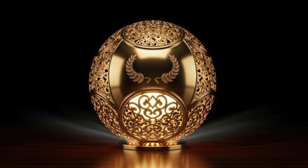 A golden, ornate sphere illuminated against a dark background, showcasing intricate details.