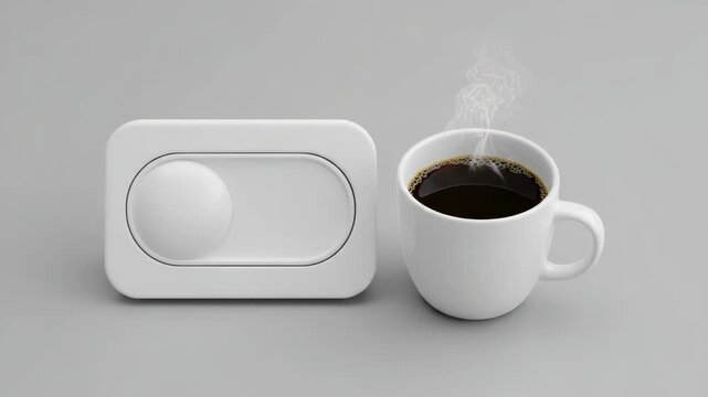 A white toggle switch next to a steaming cup of black coffee