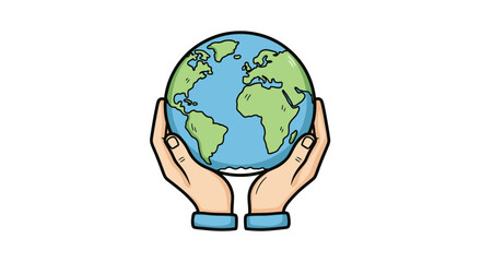 Human hands gently cradling a stylized blue and green Earth globe illustration.