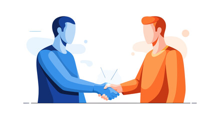 Modern flat vector illustration of two faceless men in contrasting blue and orange colors shaking hands.