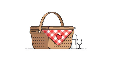 Wicker Picnic Basket with Red Checkered Cloth and Wine Bottle Illustration.