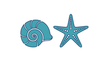 Stylized turquoise spiral seashell and a five-pointed starfish illustration.