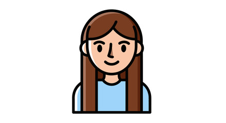 Stylized illustration of a young woman with long brown hair and a friendly smile.