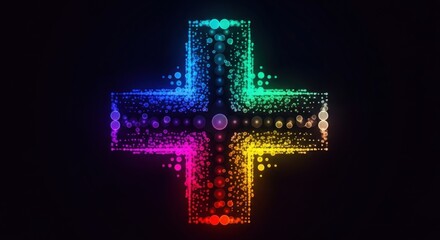 A glowing plus sign made of colorful particles against a dark background.