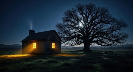 A solitary cabin glows warmly under the moonlit sky, beside a large, bare tree.