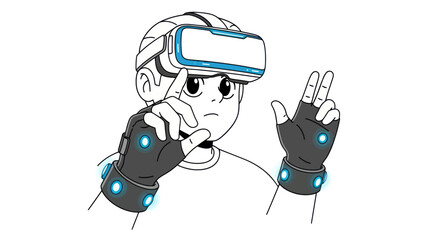 Cartoon Man Wearing VR Headset and Gloves Interacting with Virtual Reality.