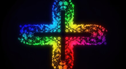 A vibrant, colorful cross symbol composed of floral and leafy designs against a dark background.