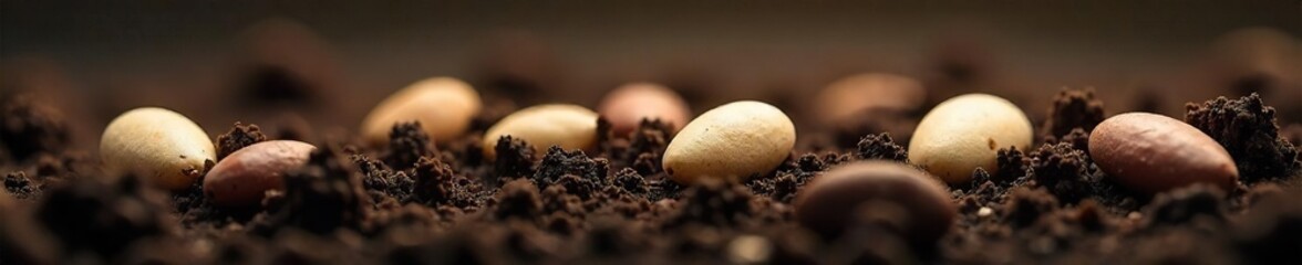 Planting Seeds Close-up of Diverse Seeds in Dark Fertile Soil, Ready for Spring Gardening