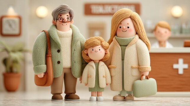 Stylized family visits a friendly medical clinic reception area with a healthcare professional in the background.
