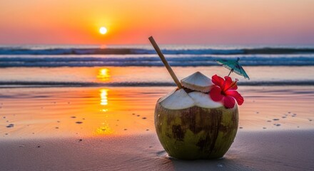 Coconut drink on a sandy beach at sunset, decorated with a flower and umbrella. Waves are visible in the background.