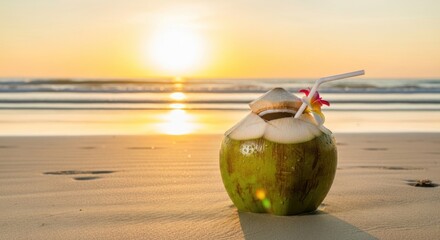 A fresh coconut drink with a straw on a sandy beach during a vibrant sunset over the ocean.