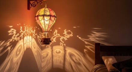 A decorative hot air balloon lamp casts intricate light patterns on the wall.